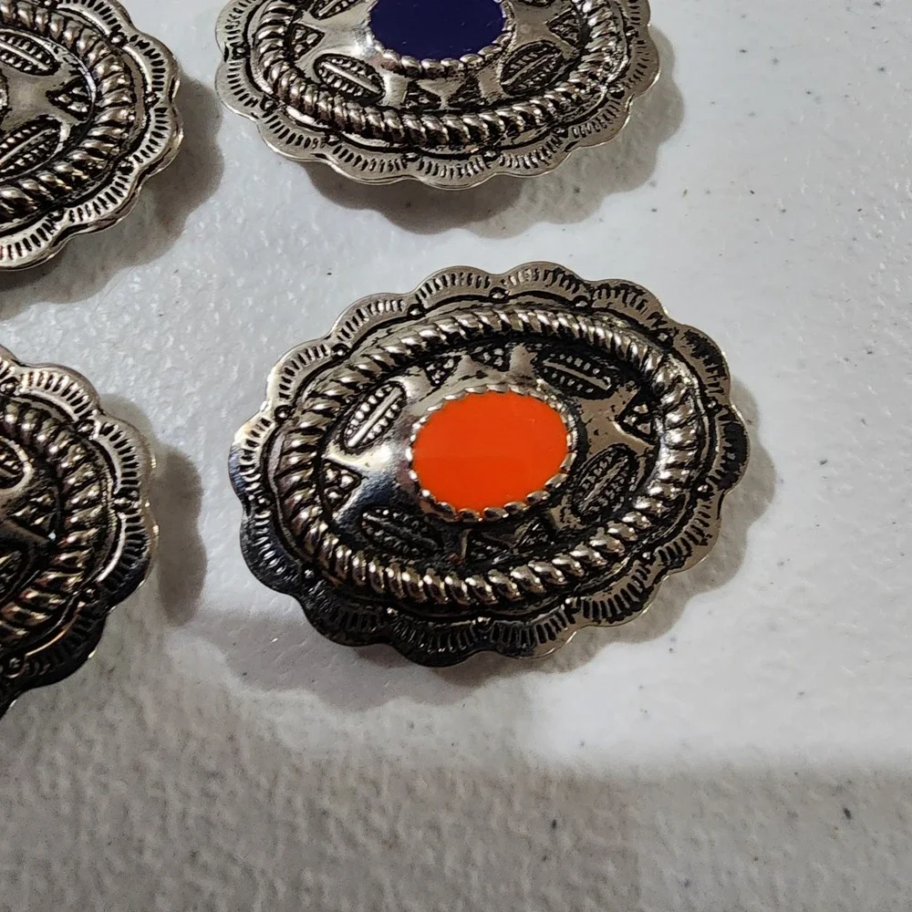 6pc Western Silver Tone Concho button covers Colorful Cabochon Set Southwestern
